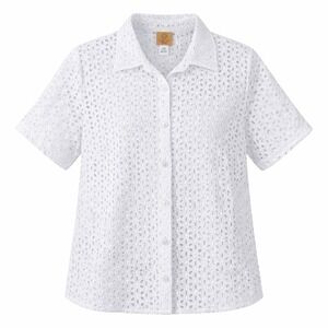 Ruby Rd. Women's 16W Eyelet Short-Sleeve Collared Shirt White 100% Cotton Button